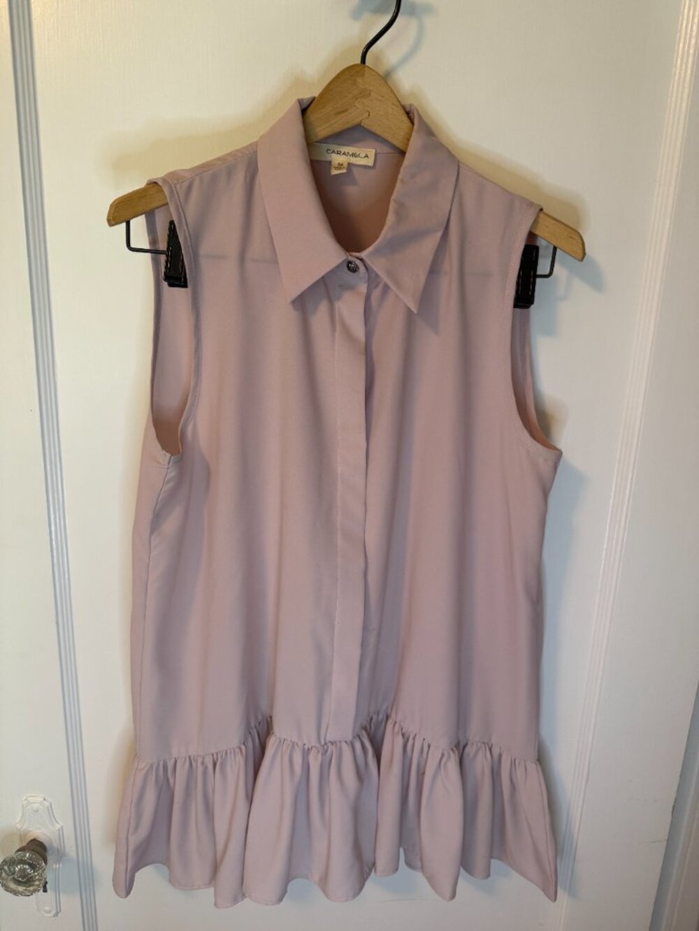 Blush Sleeveless silky blouse with hidden buttons and silver top button.